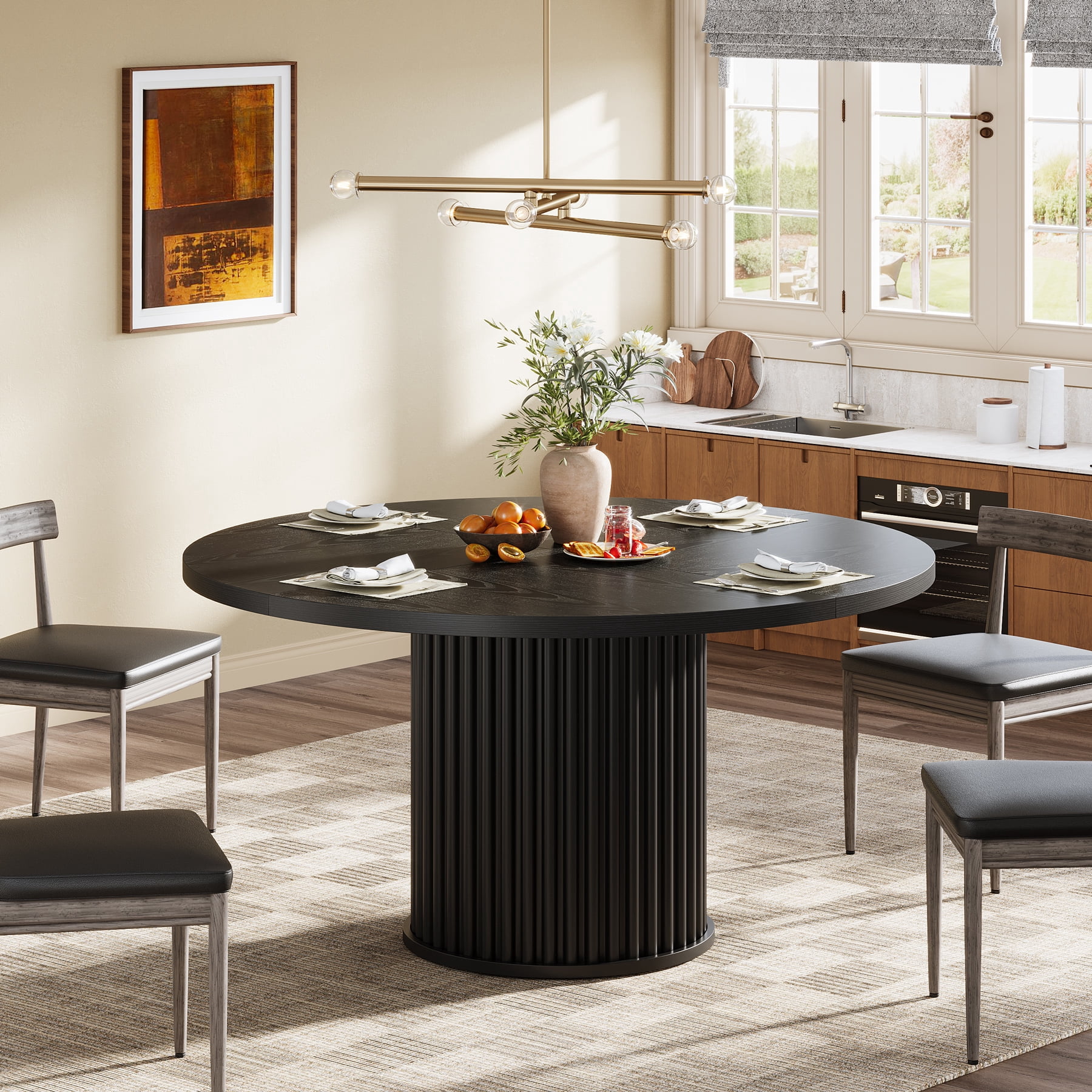 Round Dining Table for 4-6 People, 47.24-Inch Circle Kitchen Table with Sturdy Fluted Metal Base, Black