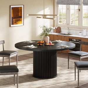 Round Dining Table for 4-6 People, 47.24-Inch Circle Kitchen Table with Sturdy Fluted Metal Base, Black