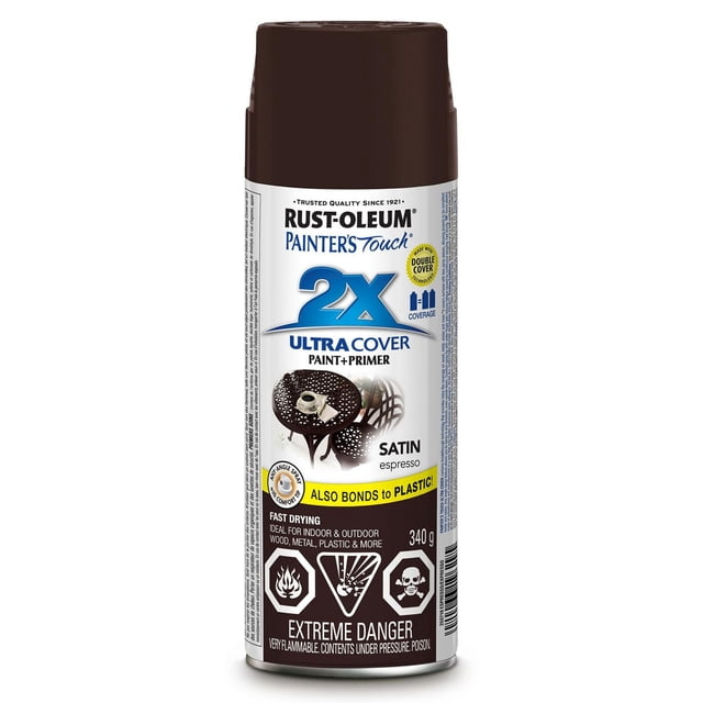 Painter's Touch 2X Ultra Cover satin espresso spray paint can with brown cap, featuring double cover technology, any-angle spray for versatile application on wood, metal, plastic, and wicker, plus a comfort spray tip to reduce fatigue during use.