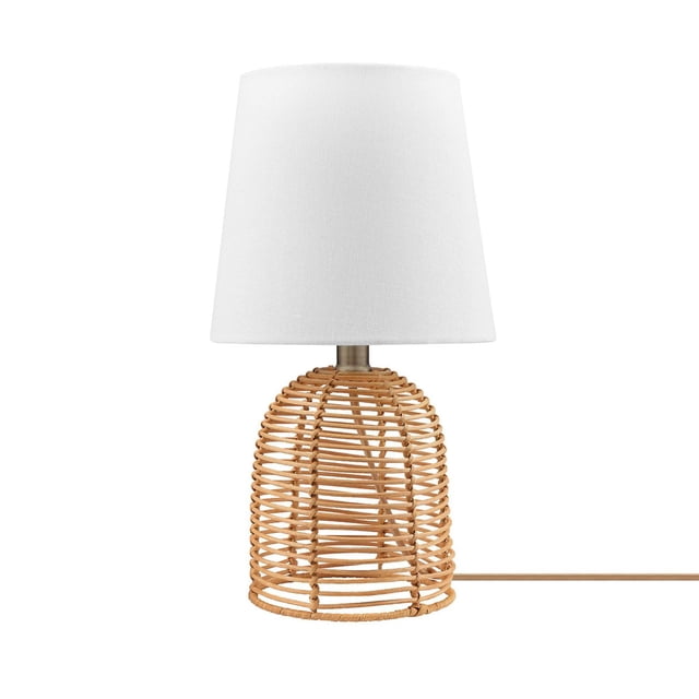 Lampe de Table de 14 Pouces à Base en Rotin avec Abat-Jour en Lin Blanc Comprenant une Base en Rotin Tressé Beige Naturel et un Abat-Jour Effilé en Tissu de Lin Blanc, Orientée vers l'Avant sur un Fond Blanc avec un Cordon d'Alimentation Recouvert de Tissu s'Étendant vers la Droite, Idéale pour une Déco Bohème chic et compatible avec des Ampoules max de 60 W Incluant des Améliorations d'Ampoule Intelligente.