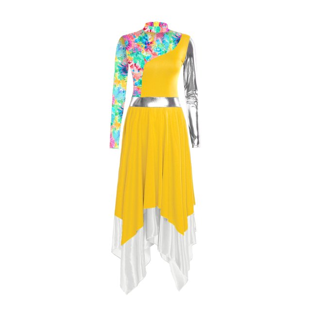 Nyeemya Robe de Danse Lyrique pour Femmes Manches Longues Métalliques Imprimé Rétro Coloré Tunique de Danse Culte Louange Superposition Jaune L