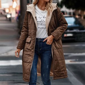 Aboser Warm Parka Jackets for Women 2024 Reversible Sherpa Lined Hooded Quilted Jacket Winter Zip Up Padded Outerwear Solid Midi Length Overcoat