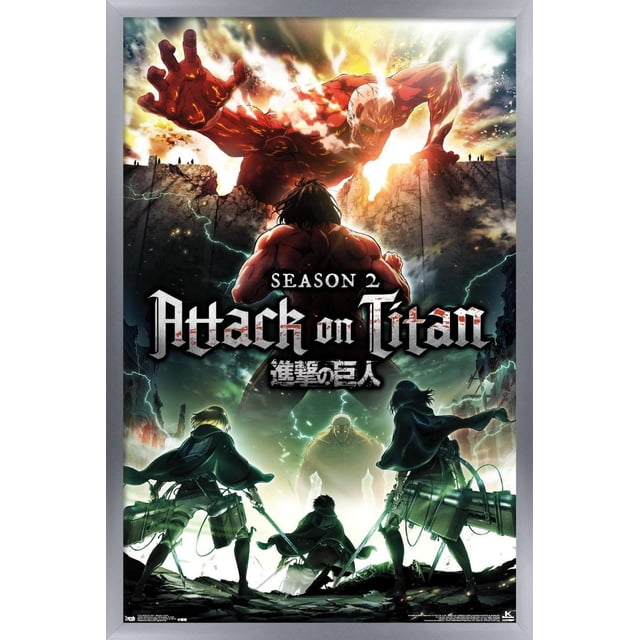 Attack on Titan - Affiche Murale Teaser de Saison 2, 22,375 Po x 34 Po Représentant une Scène d'Anime Haute Résolution avec un Titan Rouge colossal Qui Tient par-Dessus un Mur Fissuré vers Trois Personnages Capuchonnés Brandissant des Épées et des Accessoires de Manœuvre, Près d'Un Ciel Orageux avec Éclairs et Ruines, Imprimée sur Papier Lustré par Trends International, Convient à la Déco de Salle d'Anime Ou de Fête.