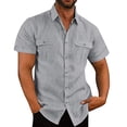 thumbnail image 1 of Chemises Décontractées pour Hommes en Coton et Lin Uni à Double Poche à Manches Courtes, 1 of 7