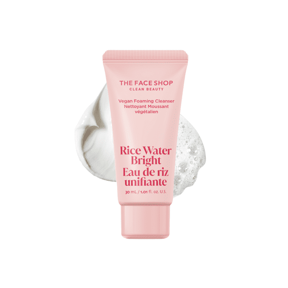 The Face Shop Rice Water Bright Vegan Foaming Cleanser, Hydrating Face Wash for All Skin Types, Korean Skin Care, 30 ml