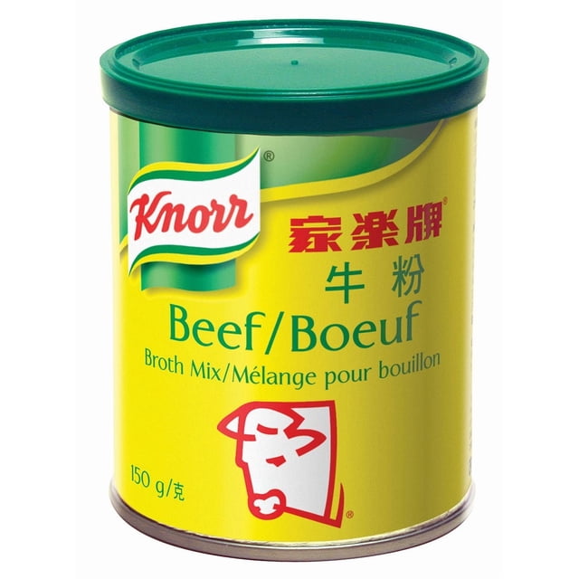 Knorr Beef Broth Mix 150 g can with yellow label and green lid, featuring the Knorr logo, bilingual English and French text, and a red stylized cow head, ideal for enriching soups, stews, sauces, and gravies with beef flavor.