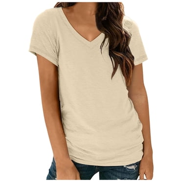 T-Shirt Décontracté à Manches Courtes pour Femme, Uni, Col en V - T-Shirt de Base à la Mode et Polyvalent, Matière en Mélange de Coton