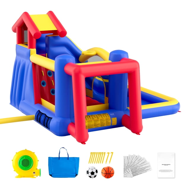 KFFKFF Inflatable Bounce House Bouncy Jumping Castle with Blower Slide for Kids. This vibrant inflatable playhouse features a colourful design with red, blue, and yellow accents. It includes a slide, climbing wall, bubble pool, soccer goal, and jumping area, offering multifunctional entertainment. Made from durable 190T lining and 840D oxford cloth, it supports up to 300 lbs and measures 131.1x133.1x90.6 inches. The package includes a blower, carrying bag, repair patches, PVC basketball, and soccer ball. Ideal for outdoor play, parties, and family gatherings.