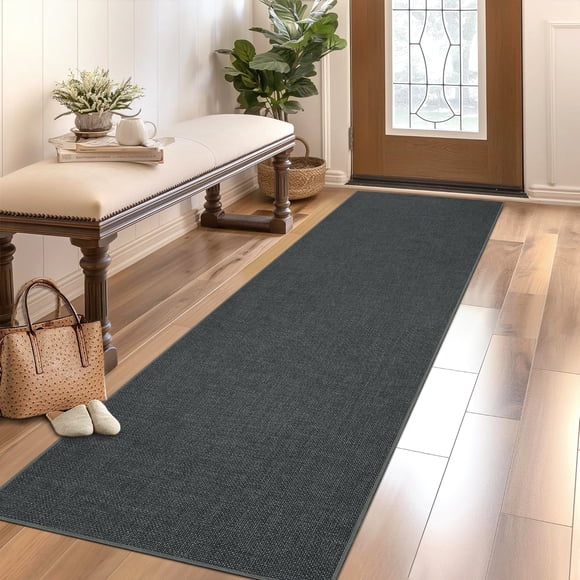 Tapis Coureur Lavable 2 X 6 Pi, Moderne Minimaliste Uni Noir et Gris, Poil Ras, Antidérapant, Pliable, Tapis Qui Ne Perd Pas Ses Fibres pour Couloir, Cuisine, Chambre, Buanderie, Noir et Gris
