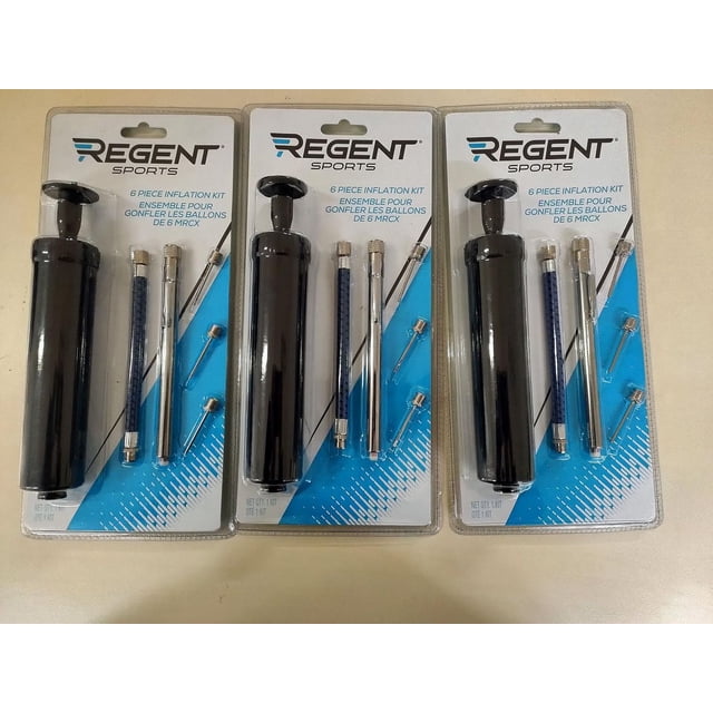 Regent 6pc Inflation Kit in three sealed packages, each containing a black hand pump with air pressure gauge, flexible blue hose, metal needle adapter, and two spare inflation needles on a white and blue backing card with Regent Sports branding, ideal for inflating sports balls and air mattresses and maintaining proper pressure during play.