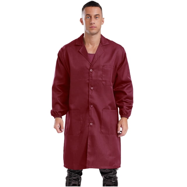 Rswnyirn Adult Wear Resistent Dustproof Lab Coat Notched Lapel Button Up Long Coat Workshop Uniform Red 190