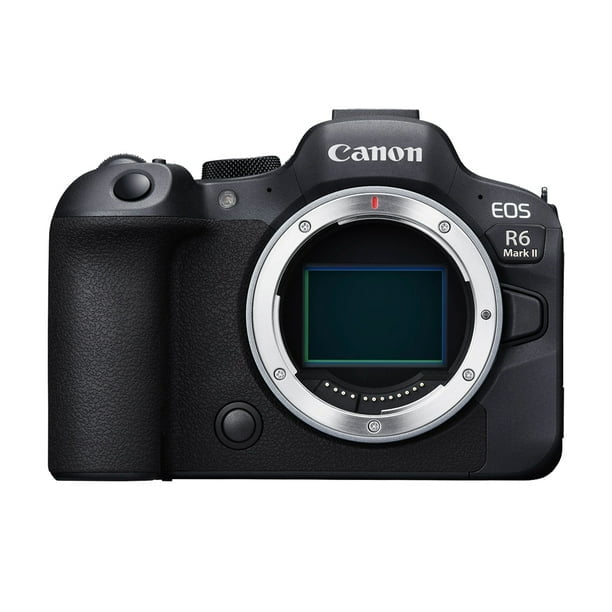 Canon EOS R6 Mark II Appareil Photo Sans Miroir avec Capteur CMOS Plein Cadre de 24,2 Mpx et Processeur d'Images DIGIC X. Vue Frontale du Corps de l'Appareil Photo avec Monture d'Objectif Exposée, Mettant l'Accent sur Sa Conception Compacte et Ergonomique. Parmi les Caractéristiques, Citons l'Obturateur Électronique 40 Ips, la Détection Avancée de Sujets et l'Enregistrement Vidéo Optimisé pour des Séances Photo et Vidéographies de Qualité Professionnelle. Convient aux Voyages et aux Séances Photo en Plein Air
