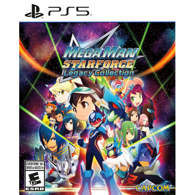 Mega Man Star Force Legacy Collection PlayStation 5 game cover featuring Mega Man in blue armor at the center with various anime-style characters around him, set against a cosmic starry background with green and orange laser beams, ESRB Everyone 10+ rating, and Capcom logo.