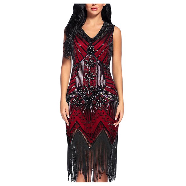 EGNMCR Robes de Soirée pour Femmes, Robes Formelles pour Femmes, Robe à Col Rond Sans Manches à Paillettes avec Franges et Pompons pour le Printemps et l'Été pour Femmes, Robe de Fête, Banquet, Danse, Robe Courte, Robe pour Femmes