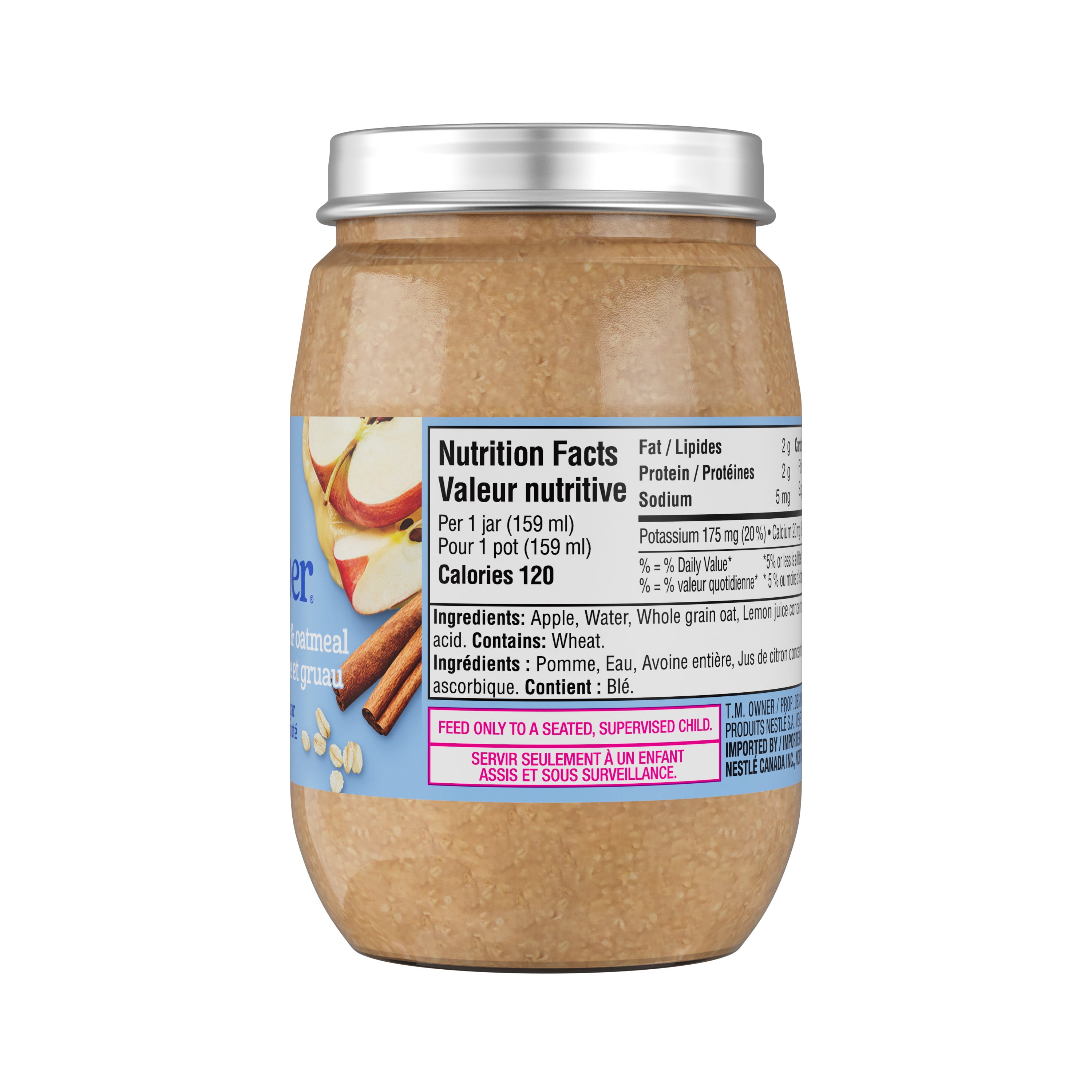 Mealtime Purée de Gruau aux Pommes et à la Cannelle, pour Bébés et Tout-Petits de 8 Mois & Plus, Vrai Fruit, Sans Sucres Ajoutés, Sans OGM, Pot en Verre Refermable & Recyclable