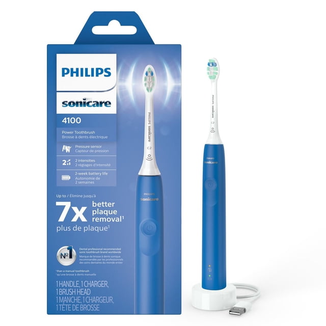 Philips Sonicare 4100 rechargeable toothbrush in azure blue with pressure sensor and two intensity settings, featuring a slim ergonomic handle and brush head, shown with USB charging base, removes up to 7x more plaque than manual toothbrushes for effective oral care.