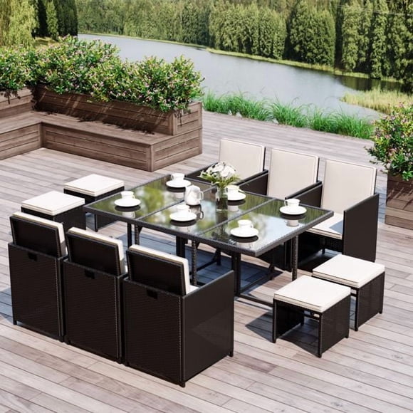 11 Piece Patio Dining Set, Rattan Chairs with Tempered Glass Table & Ottoman, Space Saving Wicker Sectional Conversation Set with Removable Cushions, Outdoor Furniture for Backyard Garden Deck
