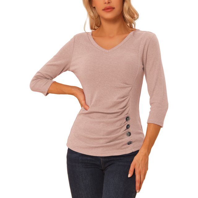 INSPIRE CHIC Women's Button Decor V Neck 3/4 Sleeve Solid Knitted Ruched Blouse Beige Pink M