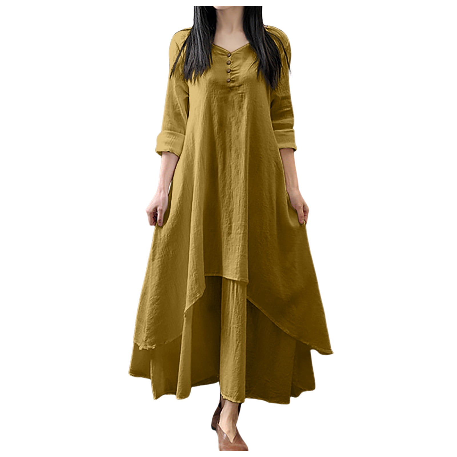XDZJLR Robes pour Femmes Formelles Dames Deux Grandes Évasées Lin Ample à Manches Longues Robe en Lin