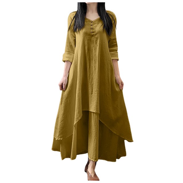 XDZJLR Robes pour Femmes Formelles Dames Deux Grandes Évasées Lin Ample à Manches Longues Robe en Lin