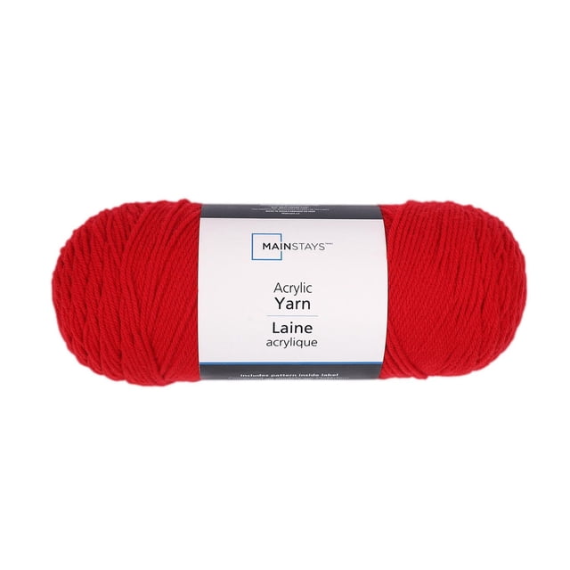 Mainstays Acrylic Yarn in vibrant red, medium weight 100% acrylic skein with 397 yards, ideal for hand knitting and crocheting apparel, accessories, and home decor, shown in a centered front view with a white label featuring brand and product information.