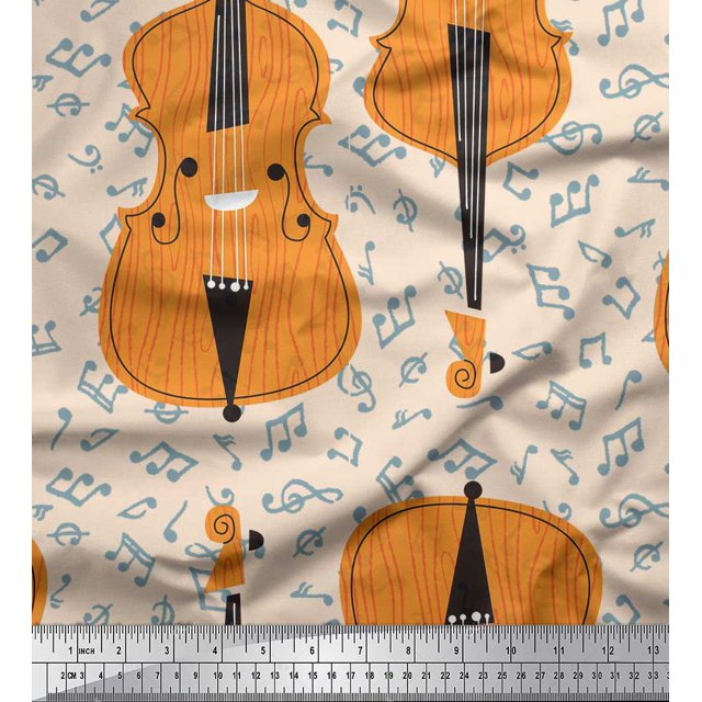 Soimoi White Moss Georgette Fabric Notes & Violin Musical Instrument Print Fabric by the Yard 42 Inch Wide