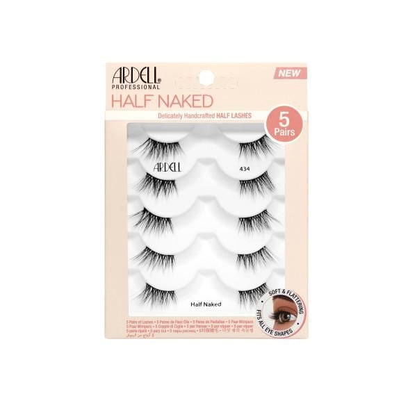 Ardell Naked Half Lash 434 5 pairs pack with five pairs of delicately handcrafted half false eyelashes featuring a soft, natural style and lightweight band that fits all eye shapes, displayed in beige packaging with clear window and brand logo.