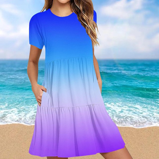 Amzcrzy Robes pour Femmes Robes Décontractées pour Femmes Robes d'Été Décontractées à Manches Courtes Robe T-Shirt à Étages Mini Robes avec Poches Robes Décontractées pour Femmes