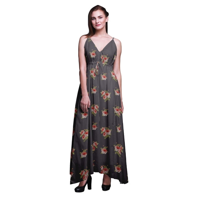 Bimba Floral Ladies Long Floral PrintDress Spaghetti Strap V Neck Maxi Beach Wear-Large