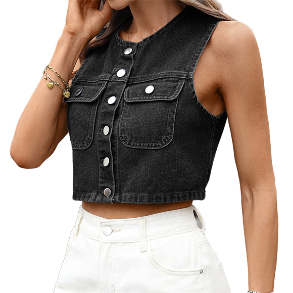 Gilets en Jean pour Femmes Haut Court en Denim Gilet Boutonné Gilet Débardeurs Mode Décontracté Veste Sans Manches Noir et Gris m