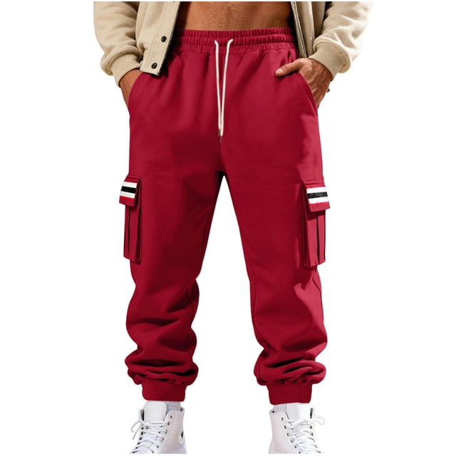 Lovzfmll Men's Retro Striped Fleece Joggers, Solid Color Base, Heavy Pile, Drawstring Waist, Pockets for Warmth Red, 3XL