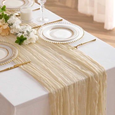 TopLLC Cheesecloth Table Runner, 35x120 inch Long Rustic Boho Gauze Wrinkled Table Runner, Romantic Sheer Fabric Table Runner Table Decorations for Wedding Bridal Baby Shower Party