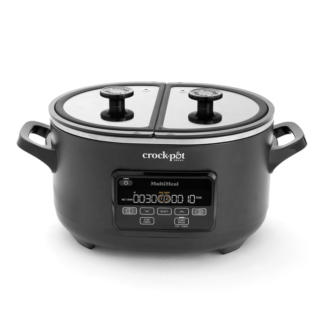 Crock-Pot Multicuiseur Multi-Repas et Mijoteuse Programmable avec Deux Casseroles Antiadhésives de 3,7 Pintes Revêtues de Céramique, Corps Ovale Noir, Panneau de Commande Numérique Affichant les Heures de Cuisson, et Deux Couvercles en Verre avec Poignées Noires, Conçu pour la Cuisson Simultanée de Deux Repas avec Réglages Séparés.