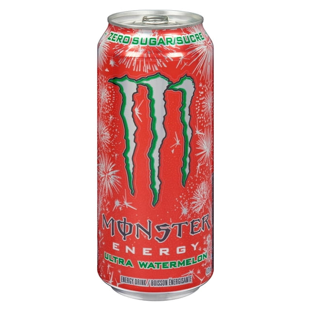 MONSTER ENERGY Ultra Melon D\'eau 473 ml Canette avec Fond Rouge et Motifs de Feux d'Artifice Blancs, Mettant en Vedette le logo de Griffe Vert et Argent et l'Étiquette Zéro Sucre, une Boisson Énergisante Sans Sucre Convenant à un Regain de Fraîcheur.