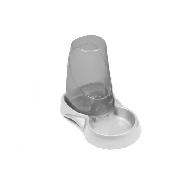 Van Ness 3 Liter Auto Waterer with translucent gray reservoir and white base, designed for small pets to provide a constant supply of fresh water, featuring a spill-less valve and wide opening for easy cleaning, ideal for cats and small dogs.