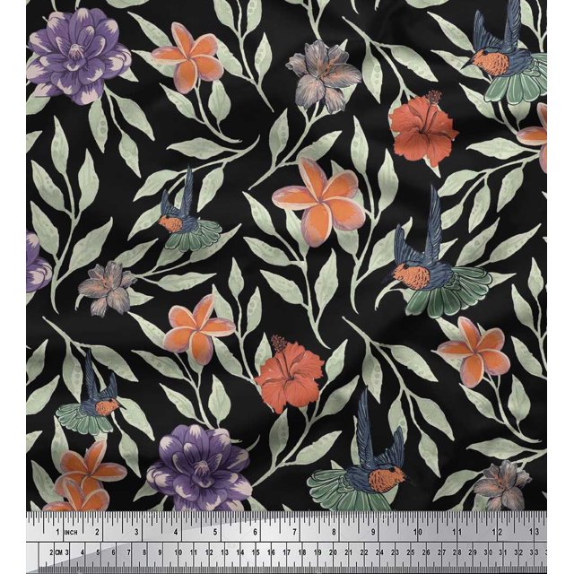 Soimoi Black Poly Georgette Fabric Flying Bird & Floral Print Sewing Fabric BTY 42 Inch Wide