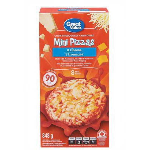 Great Value Three Cheese Mini Pizzas box showing a front view with a cooked mini pizza topped with mozzarella, cheddar, and parmesan cheeses. The packaging highlights a 90-second cook time and 848 g weight, ideal for quick frozen pizza meals and easy snacks.