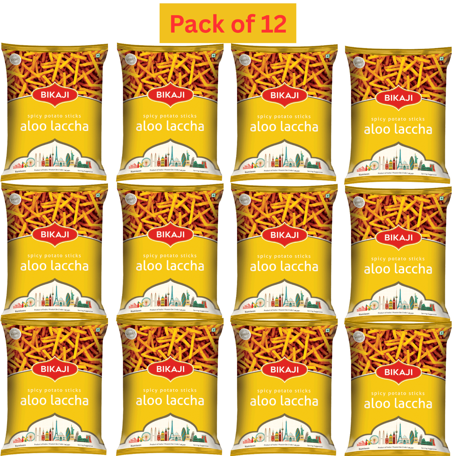 Bikaji Aloo Laccha (Spicy Potato Sticks) 140g, Pack of 12, Indian Snacks