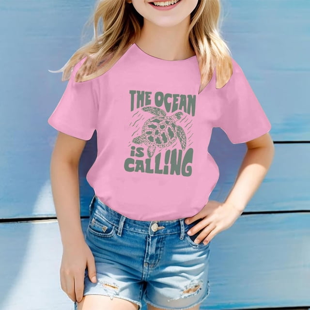 Hauts Filles Décontractés Enfants Motif Lettres Multicolores Manches Courtes Col Rond T-Shirts et Chemises