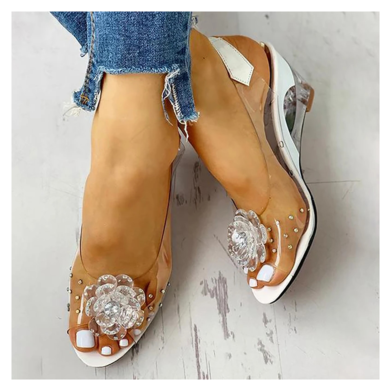 CAROOTU Studded Flower Design Transparent Sandals See-Through Rhinestone Wedge Heel Sandals Lady's Casual