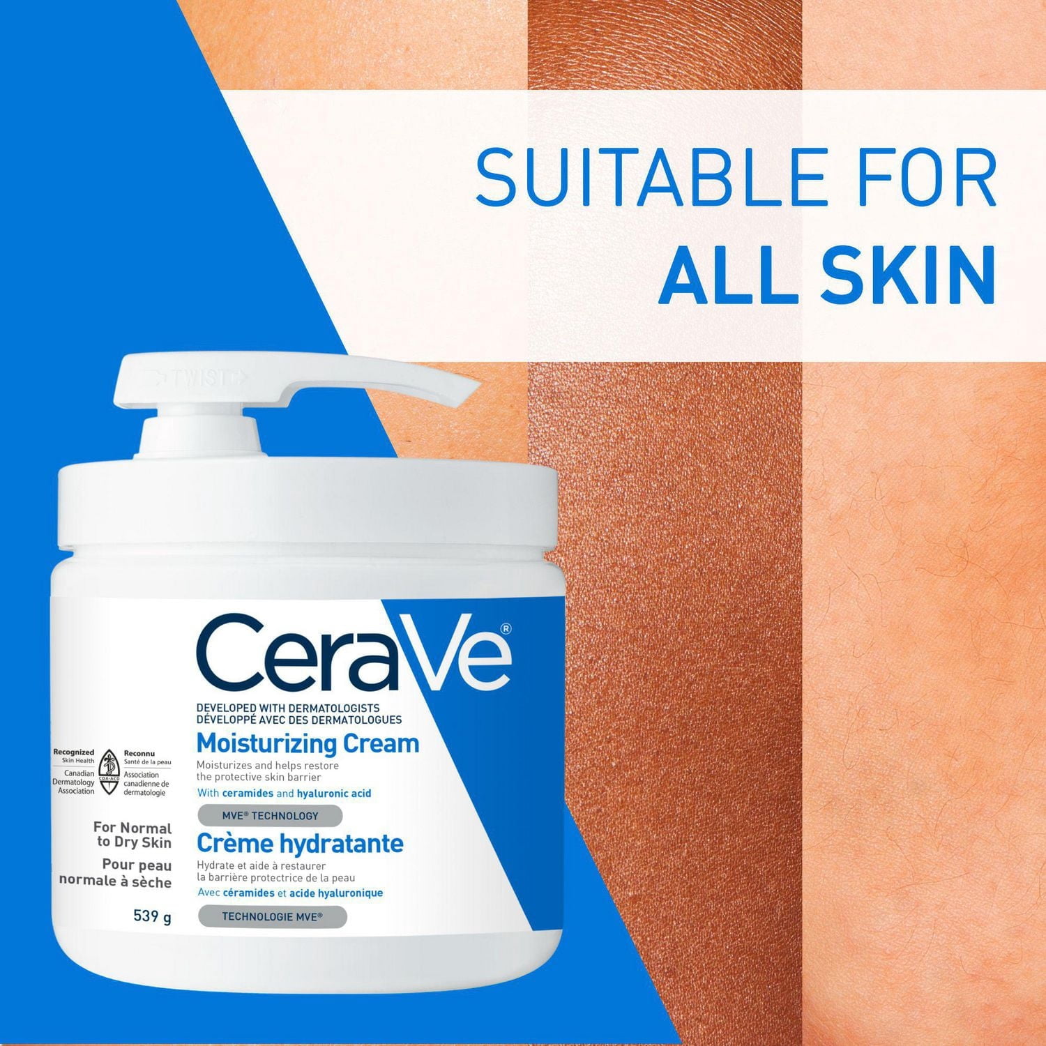 CeraVe Crème Hydratante, Crème Riche pour Visage et Corps avec Céramides pour Peau Sèche, 539 g