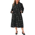 thumbnail image 1 of Agnes Orinda Robe Midi à Manches Longues Ceinturée avec Poches Motif Floral Décontractée Automne 3X Noir, 1 of 6