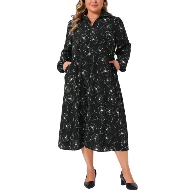 Agnes Orinda Robe Midi à Manches Longues Ceinturée avec Poches Motif Floral Décontractée Automne 3X Noir