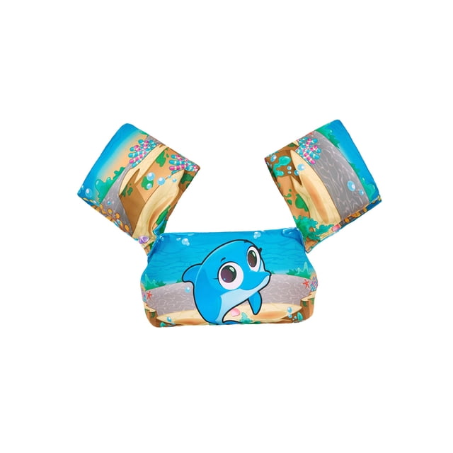 Honganda Swimming Ring Pool Cartoon Life Jacket Safety Vest Puddle Jumper featuring a vibrant blue dolphin print with arm wings. Made from durable polyester with double stitching for tear resistance, this buoyancy vest is designed for toddlers aged 2-6 years. Adjustable straps and a belt buckle ensure a secure fit, while the arm wings provide added stability in water. Suitable for use in pools, lakes, or at the beach, this flotation vest helps children build confidence while learning to swim. The colorful design adds fun to water activities. Note: Use under continuous supervision.