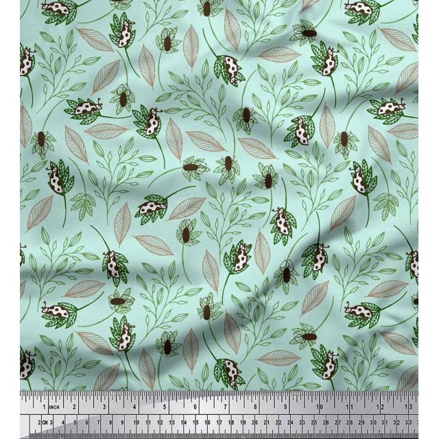 Soimoi Tissu en Voile de Coton Imprimé Feuilles et Insectes au Mètre 56 Pouces de Large