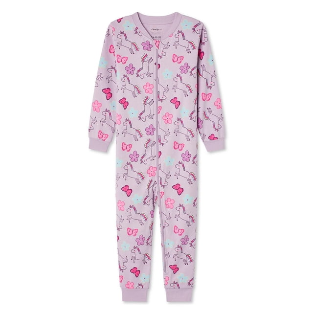 George Dormeuse Imprimée pour Tout-Petites Filles en Violet Pâle avec Imprimé Intégral de Licornes, de Papillons Roses et de Fleurs pastel. Fabriquée en 100 % Coton, Elle Présente une Encolure Ronde, des Manches Longues avec Poignets Côtelés, et une Fermeture Éclair Intégrale pour un Enfilage Facile et un Port Confortable à l'Heure du Coucher.