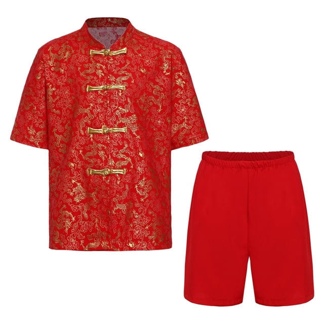 Oyolan Garçons Coton Uniforme Tang Brodé Dragon Traditionnel Chinois Kung-Fu Tang Arts Martiaux Ensembles Rouge-H 170