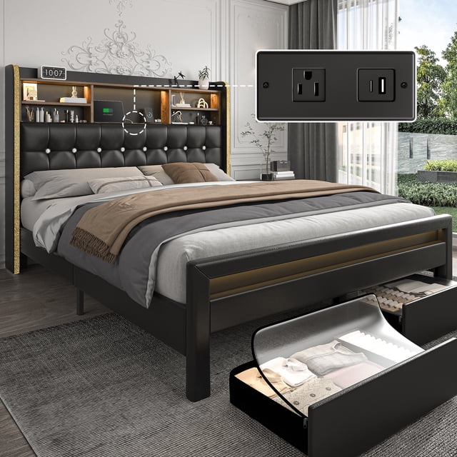SIBEDS Bed Frame with Bookcase Storage Headboard and 2 Drawers PU Black Upholstered Tufted Wingback Beds, Full