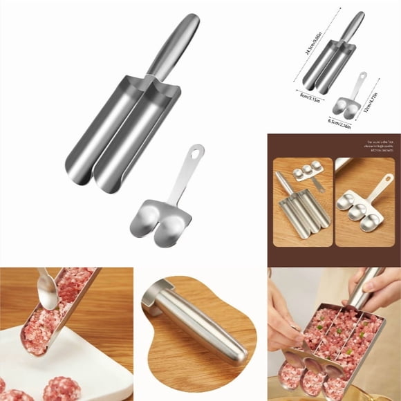 FoodMeatball Maker Tool Quadruple Kitchen Stainless Steel Spoon For Manual Meatball Lovers, 24.5x8 cm, SilverB