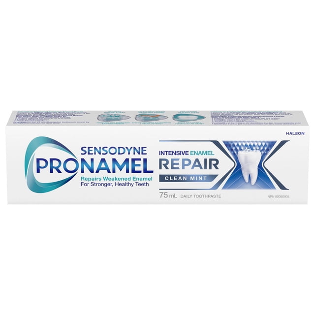 Sensodyne Pronamel Intensive Enamel Repair Clean Mint toothpaste box, 75ml, featuring blue and teal branding with a tooth graphic, formulated to repair acid-weakened enamel, strengthen teeth, and provide daily fluoride protection.